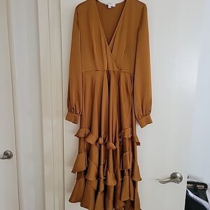 LES PETITES ruffled midi dress size small 36 gold bronze long sleeves